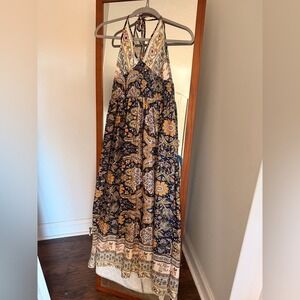 Bohemian Navy and Mustard Floral Halter Maxi Dress